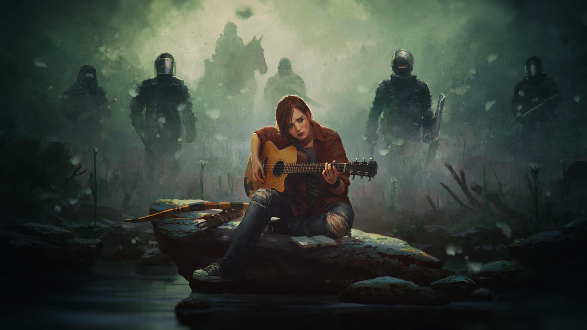 Teen girl playing guitar while sitting on a rock and people with riot gear appear behind her.
