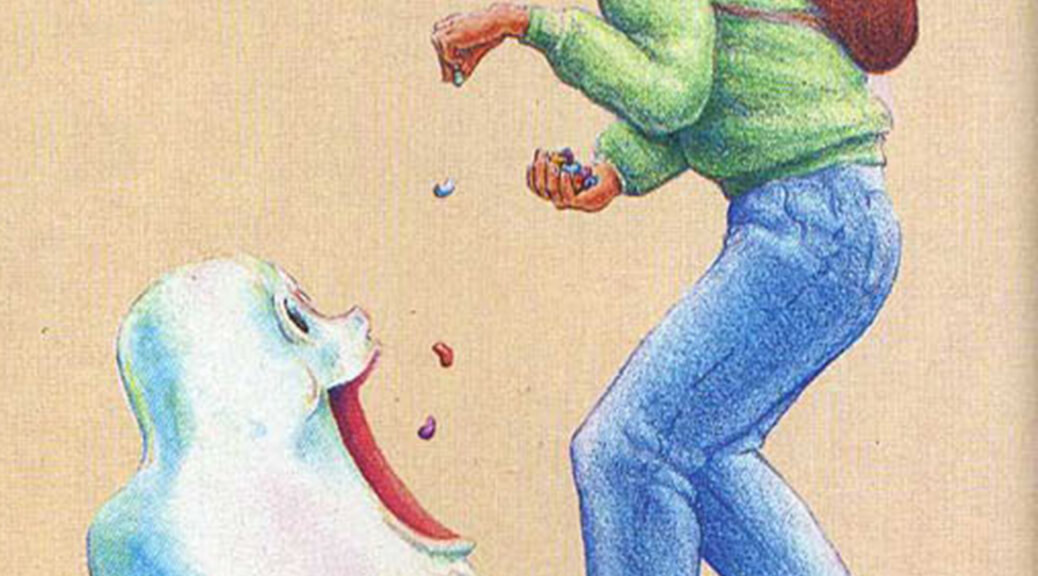 A person in green shirt, jeans feeding colorful jellybeans to a friendly white blob.